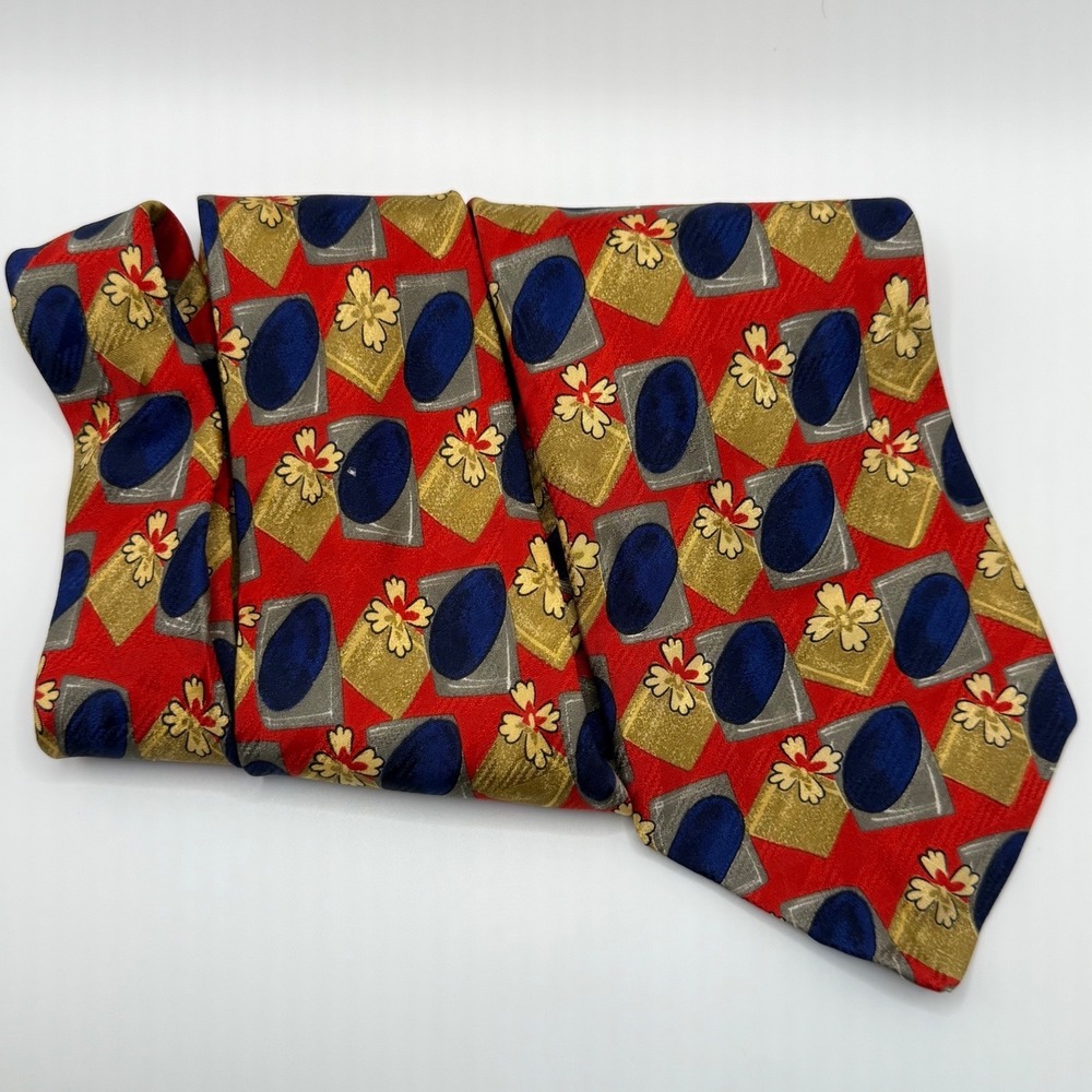 Robert Talbott Silk Tie OS Red Navy Gold Geometric Floral Hand Printed Italy USA